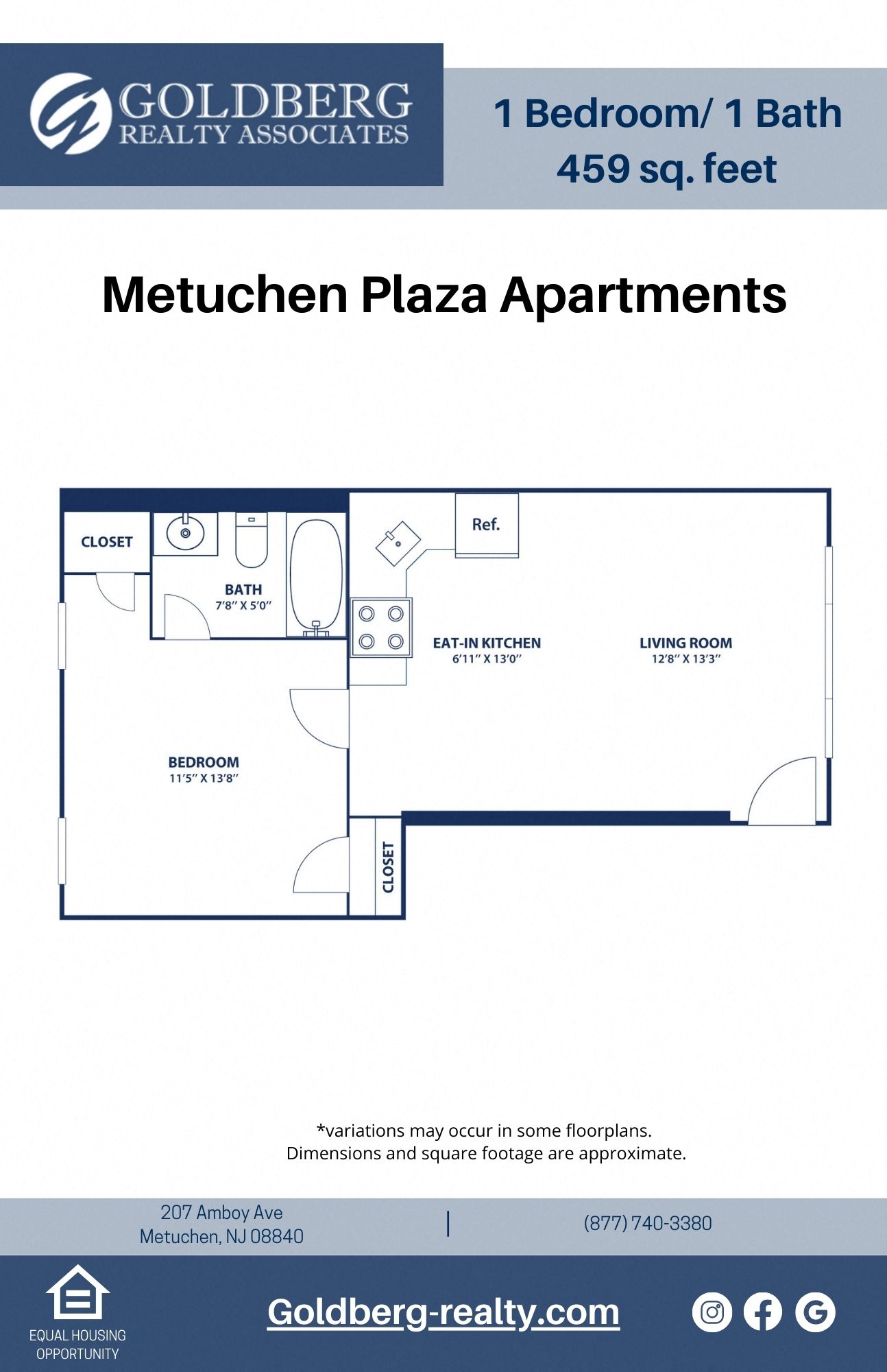 Floor plan for 1 bed, 1 bath, 459 sqft